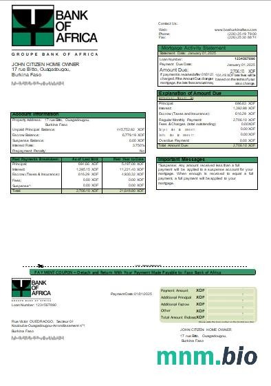 Burkina Faso Bank of Africa wyciąg z kredytu hipotecznego szablon Word i PDF